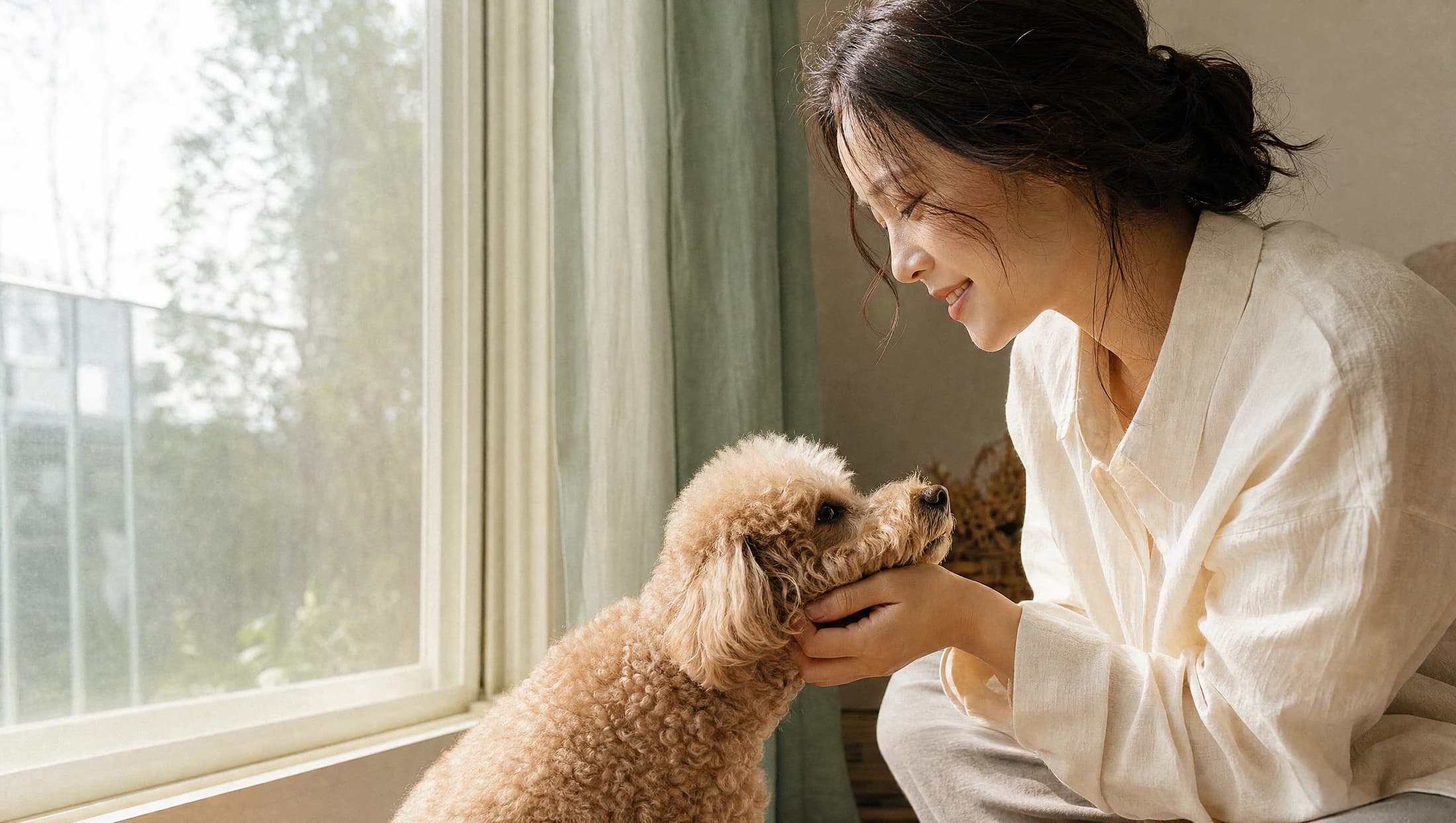 창가에서 강아지와 눈을 맞추는 보호자 — 브랜드 연출 이미지